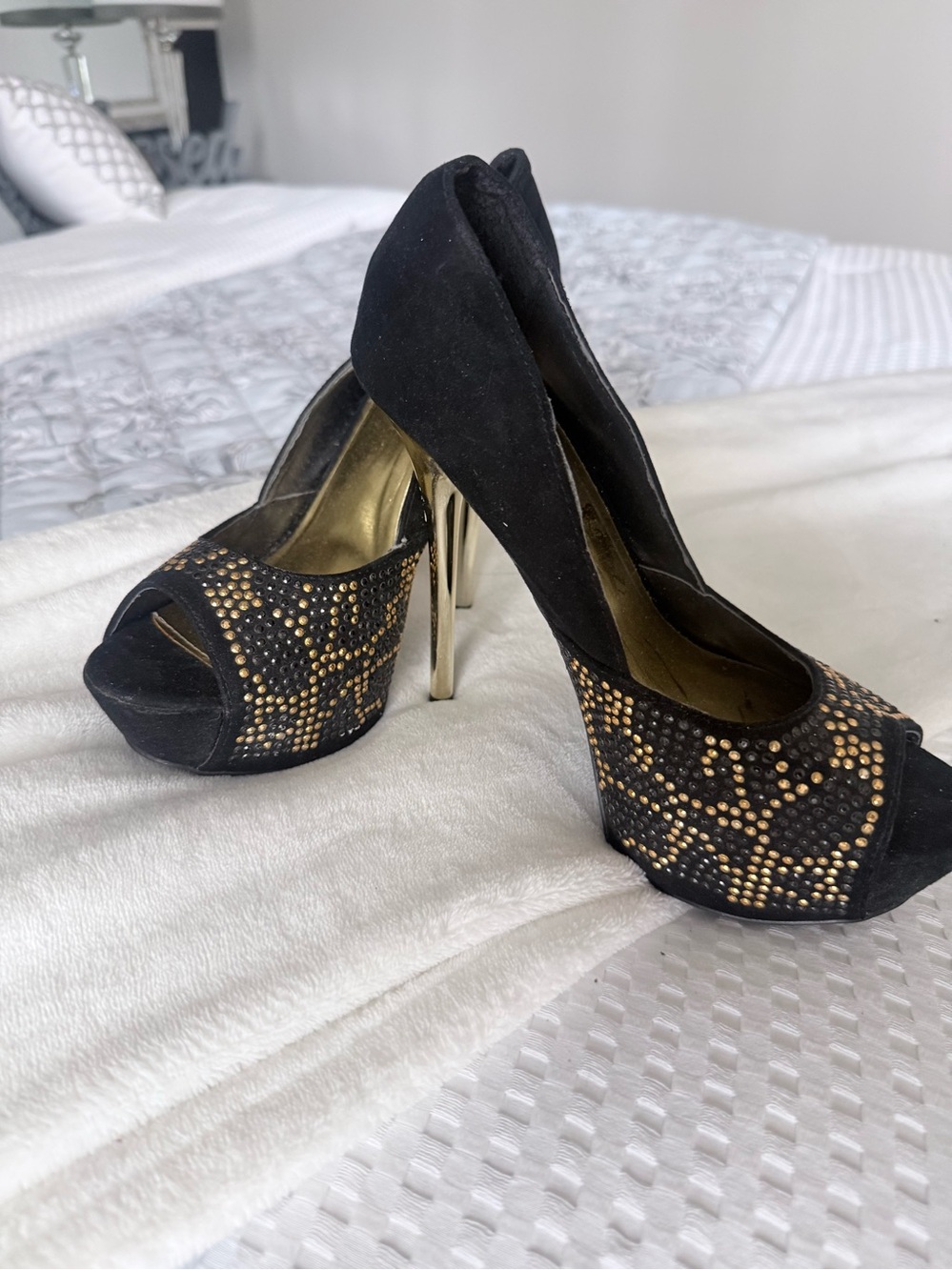 Black Suede Peep-Toe Platform Heels with Gold Stud Detail